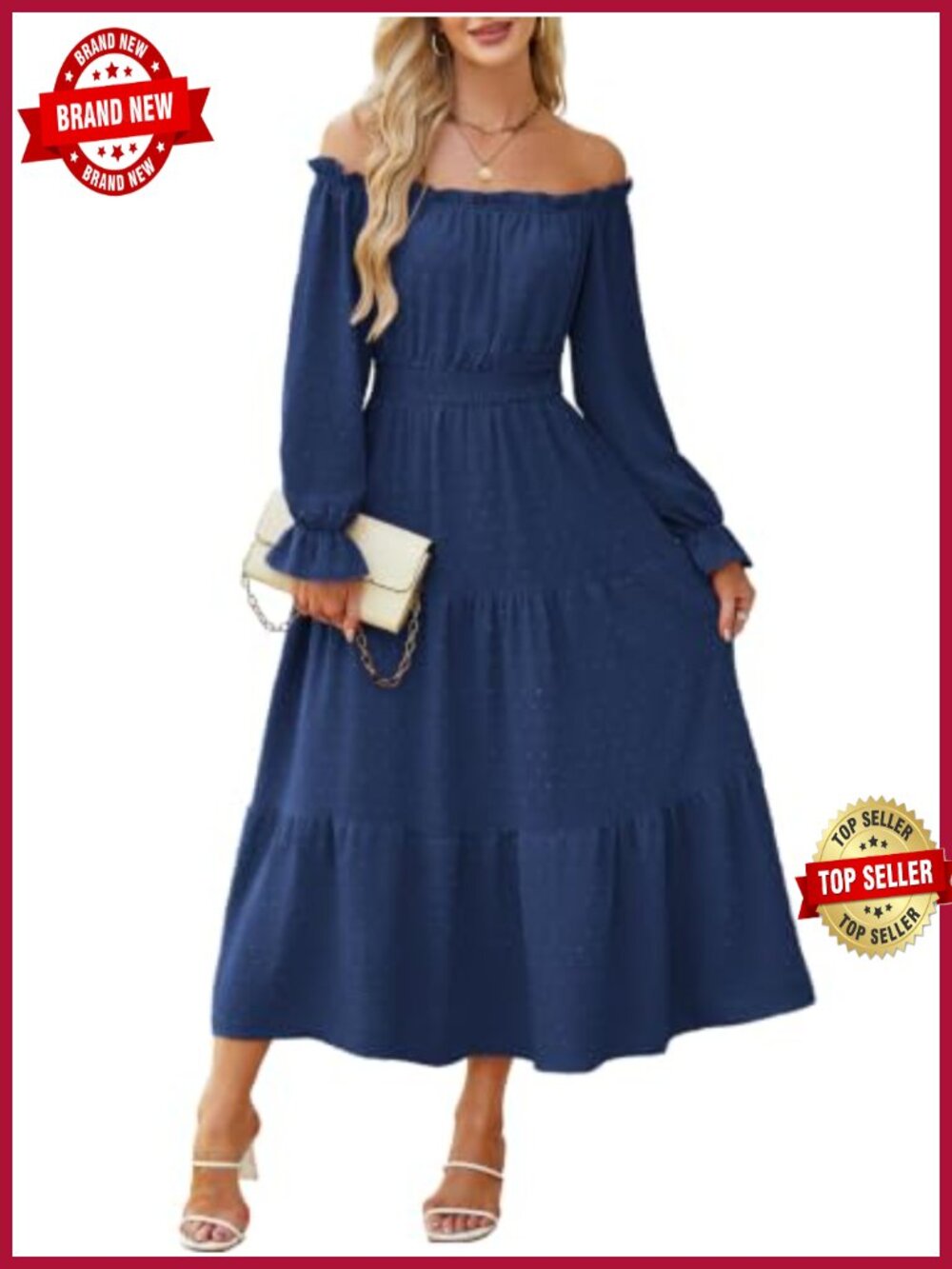 Off Shoulder Long Sleeve Swiss Dot Maxi Dress Puff Sleeve Flowy Tiered Ruffle